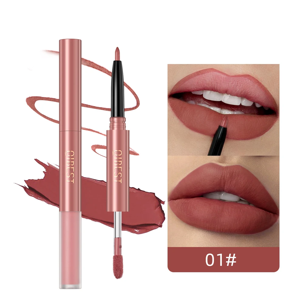 

QIBEST 2-IN-1 Nude Lip Gloss+Lip liner Velvet Matte Liquid Lipstick Waterproof Long Lasting Non-stick Cup Lip Tint Cosmetics