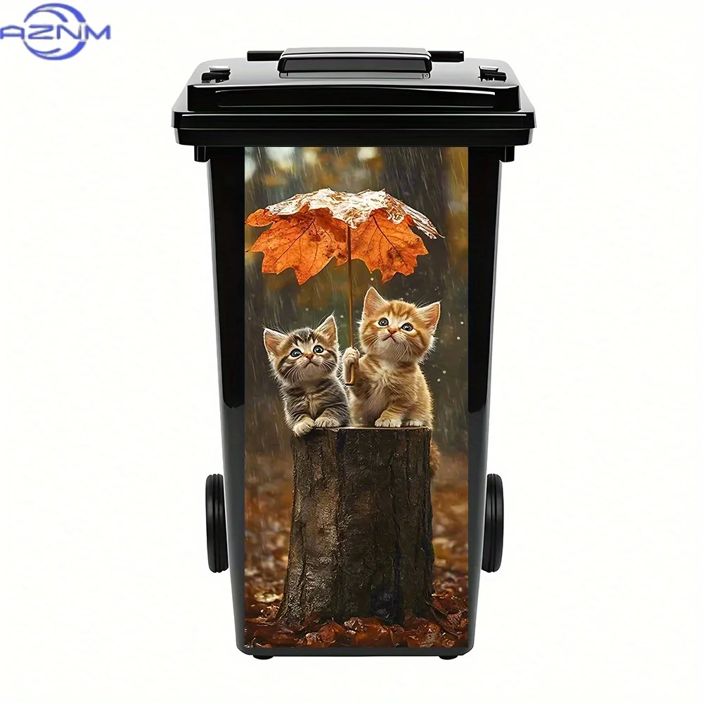 Charming Kitten Design Featuring a Leaf Umbrella - a PVC Sticker for Trash Cans That Is Waterproof And Easy to Remove, Perfect