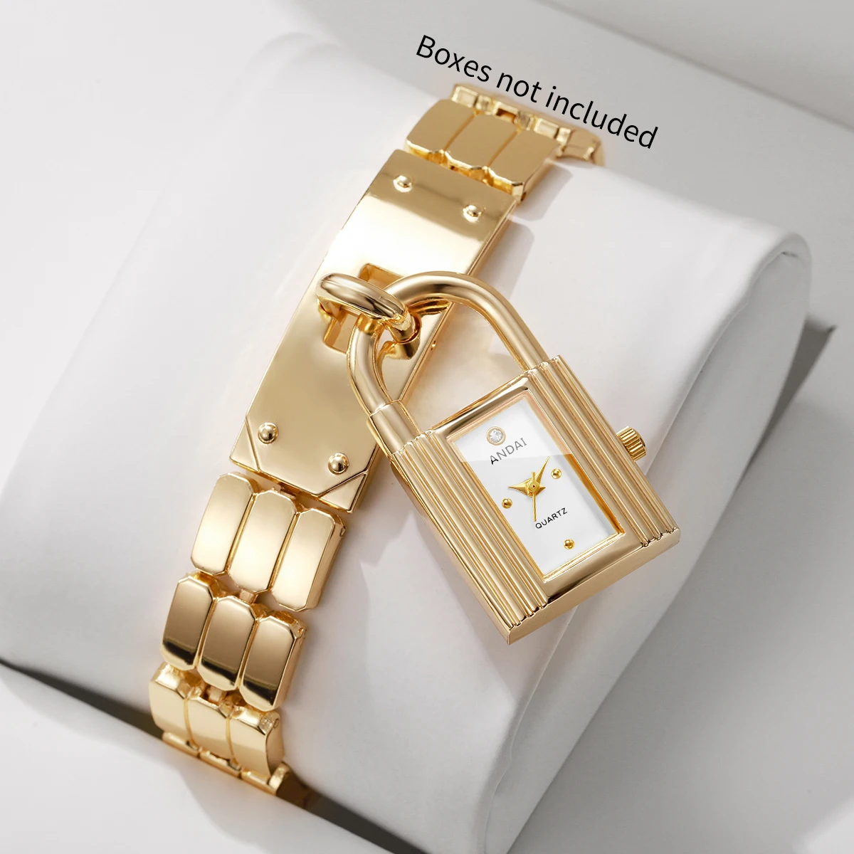 Modische Damenuhr mit Schlossanhänger, Quarzwerk, goldenes Armband, Damen-Armbanduhr, Relogio Feminino (ohne Box) – Detail 2