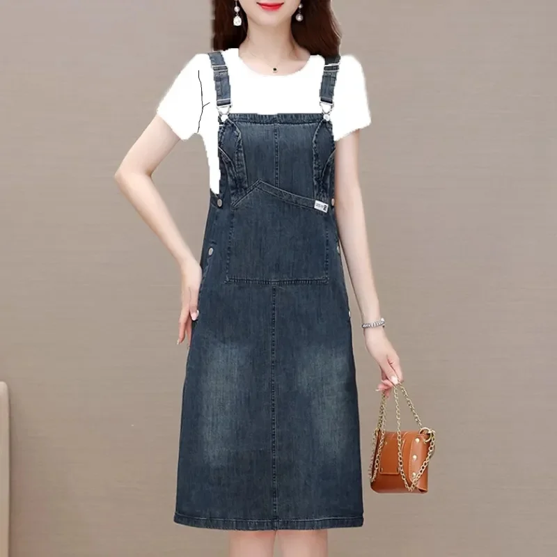 Women Korean Short Medium And Long Denim Strap Skirt Female Summer 2023 New Fairy Fluttering Super Fairy Slim Dress Two-piece.