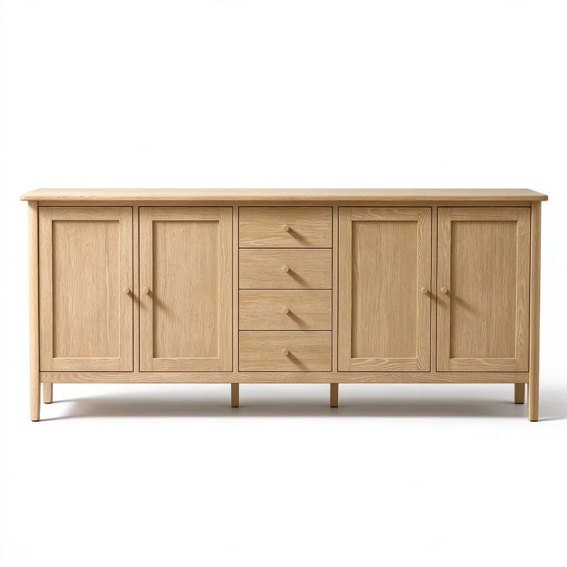 Modern Natural Oak Wood Sideboard with 4 Shaker Doors 4 Center Drawers Dining Room Buffet Credenza Furniture