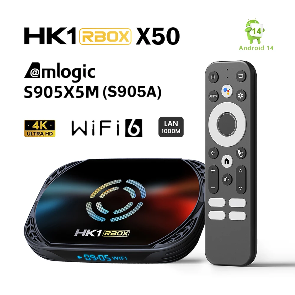 HK1 RBOX X50 ТВ-приставка Android 14 Amlogic S905X5M(S905A) 4G128G 2,4G/5G Dual WIFI BT 1000M LAN AV1 4K Медиаплеер Телеприставка HK1 RBOX X50 ТВ-приставка Android 14 Amlogic S905X5M(S905A) 4G128G 2,4G/5G Dual WIFI BT 1000M LAN AV1 4K Медиаплеер Телеприставка