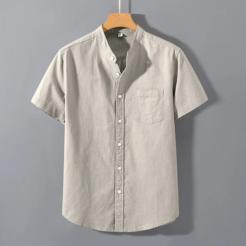 

Men's Summer Retro Cotton Linen Short Sleeve Shirt for Man Solid Color Stand Collar Casual Top With Pocket Breathable Daily Wear