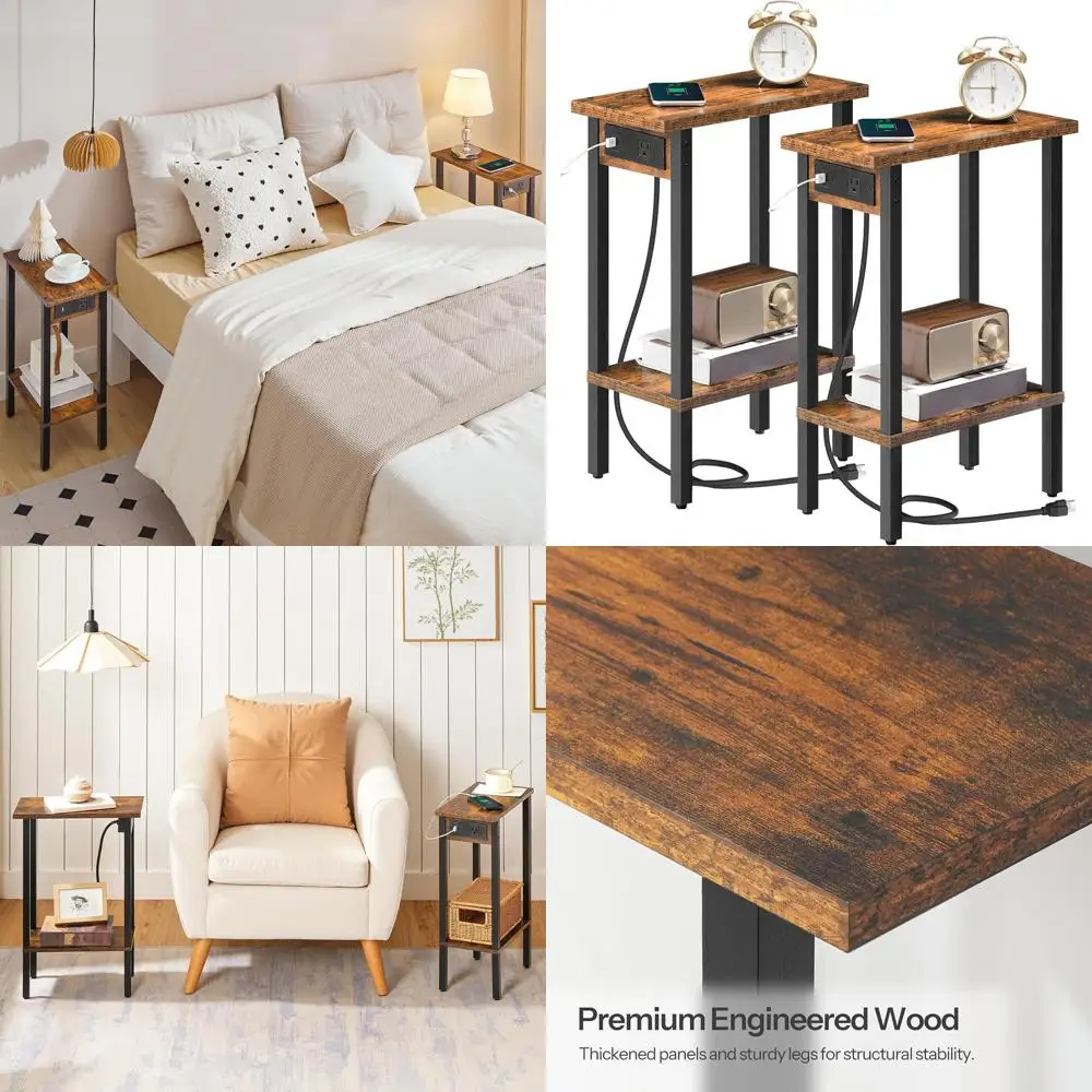 

2-Tier Slim End Tables, Charging Station, Open Storage Nightstands for Small Spaces, Living Room, Bedroom, Rustic Brown and Blac