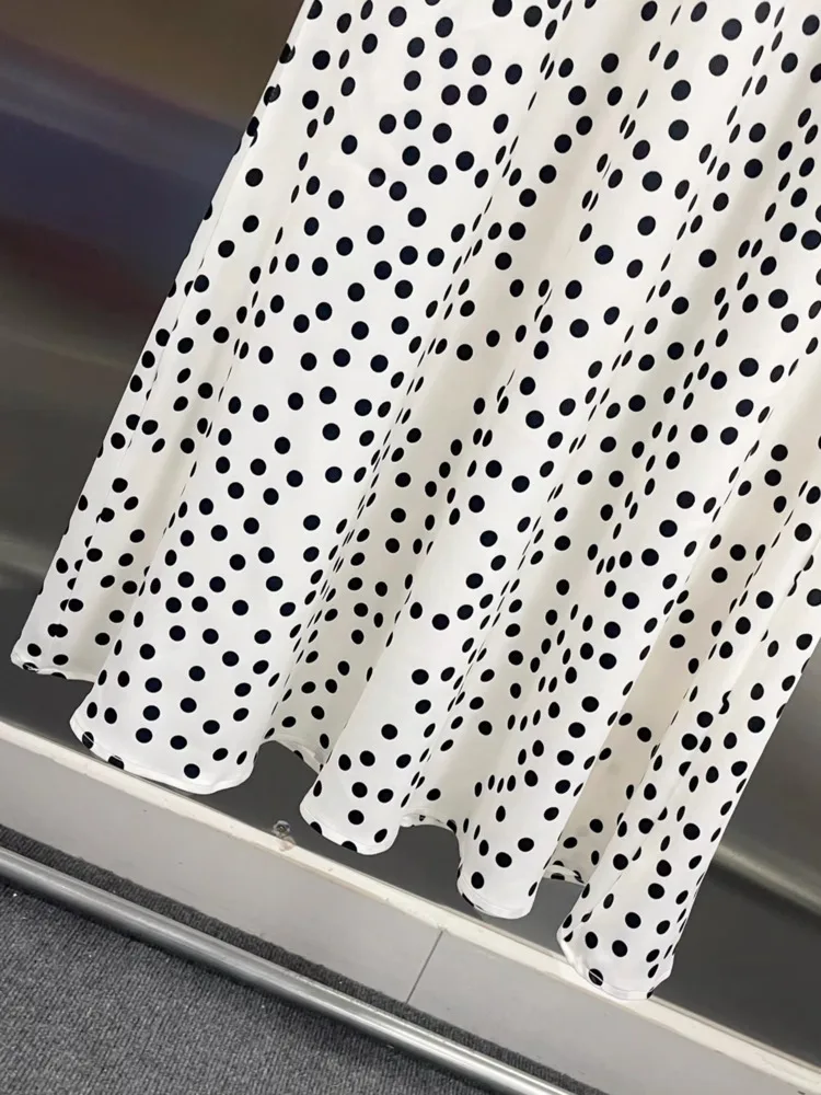 Sukienka damska DFDG, kolekcja wiosna-lato 2025, designerska sukienka w grochy, wiązana na szyi, dekolt w serek, koronka z efektem rzęs, wycięcia, odkryte plecy, seksowna długa suknia maxi.