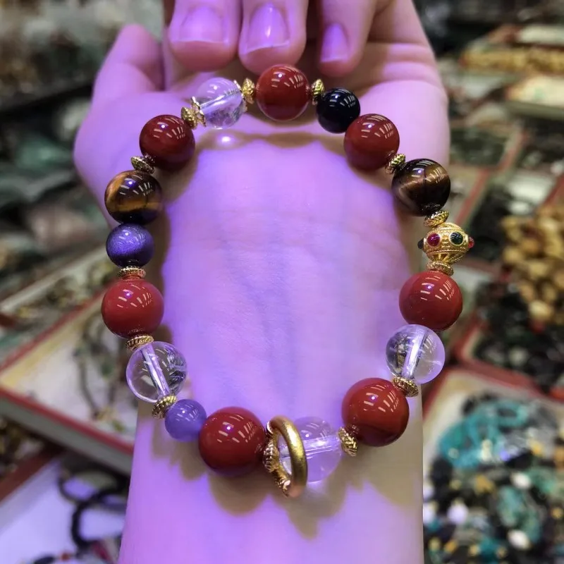 

Браслет Nanhong Agate Multi-Gem Nezha Turning, белый, золотой, тигровый глаз, серебряный блестящий камень