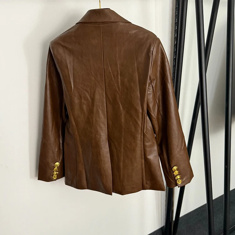 Elegante Giacca in Pelle PU Slim Fit Autunno/Inverno, Manica Lunga, Doppiopetto con Bottoni Dorati