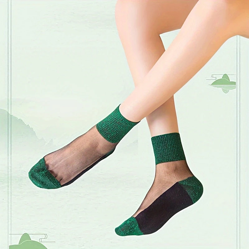 1/2/3/4/5Pairs Green Shiny Detail Socks, Colorblock Sheer Mesh Mid Tube Socks, Women\'s Stockings & Hosier