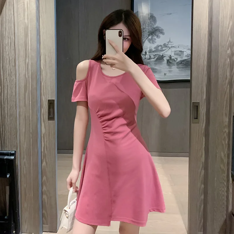 Short Sleeve Mini Dresses Women Off-shoulder Design Simple Defined Waist Slim Korean Style Clothes Solid Office Lady Sexy Basic