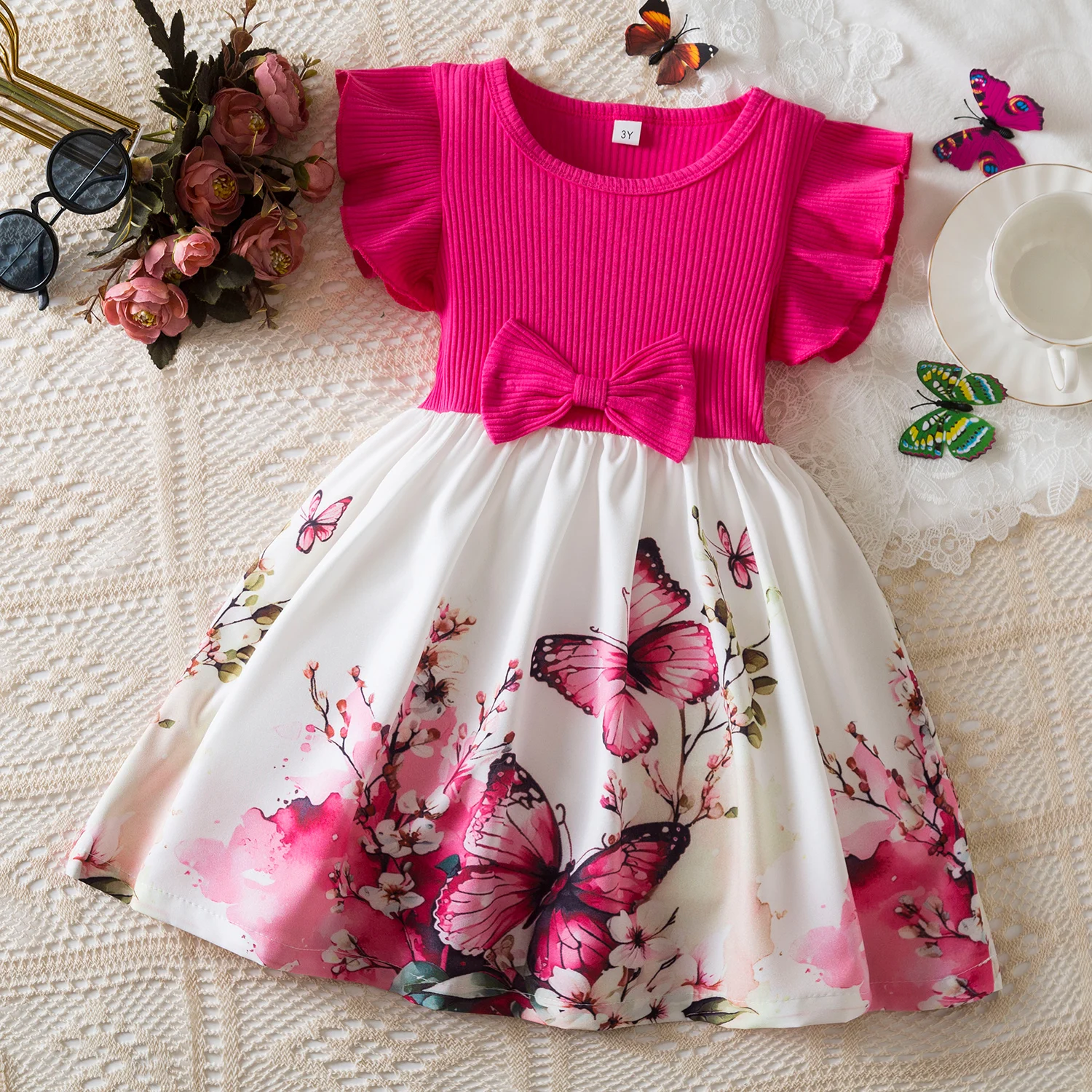 Girls Butterfly Print Princess Dress Kids Summer Ruffles Sleeve Elegant Party Clothes Children 3-8 Years Wedding Casual Dress