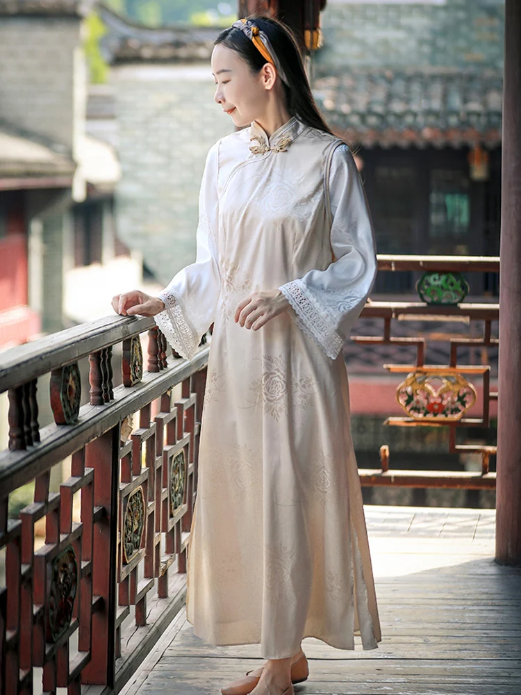 

Оригинальное весенне-осеннее китайское платье-ципао с кружевной отделкой, принтом, воротником-стойкой, на пуговицах, длинная юбка, китайский стиль, женская мода