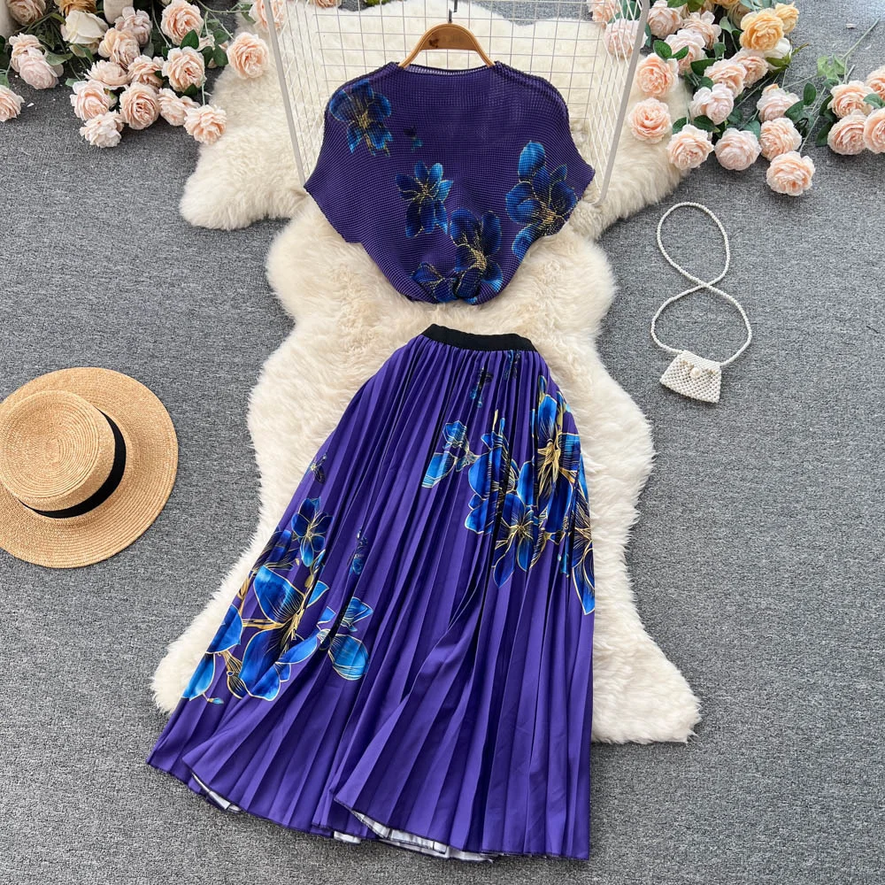 Two Piece Sets For Women Dress Suits 2023 Summer Clothing Floral Print T Shirts + A Line Pleated Long Skirt Suits Casual Outfits