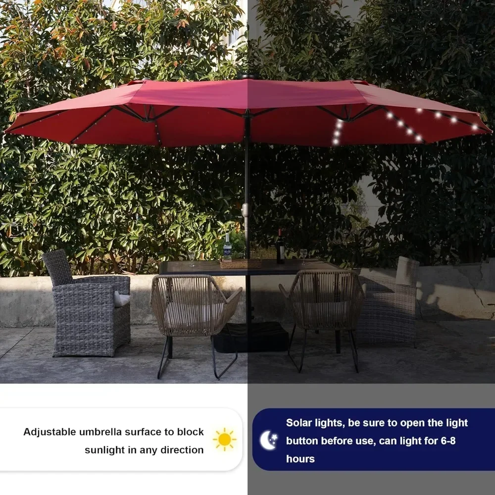 Grand parapluie double face avec base incluse, couverture de parapluie, lumières solaires, extérieur, 40LED, 15 pi