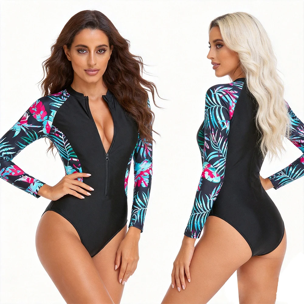 Patchwork Women Swimsuit Tropical Floral-Leaf Print Long-Sleeve Bodysuit Surf Suit Sports Swimming Surfing Sexy Summer Swimwear