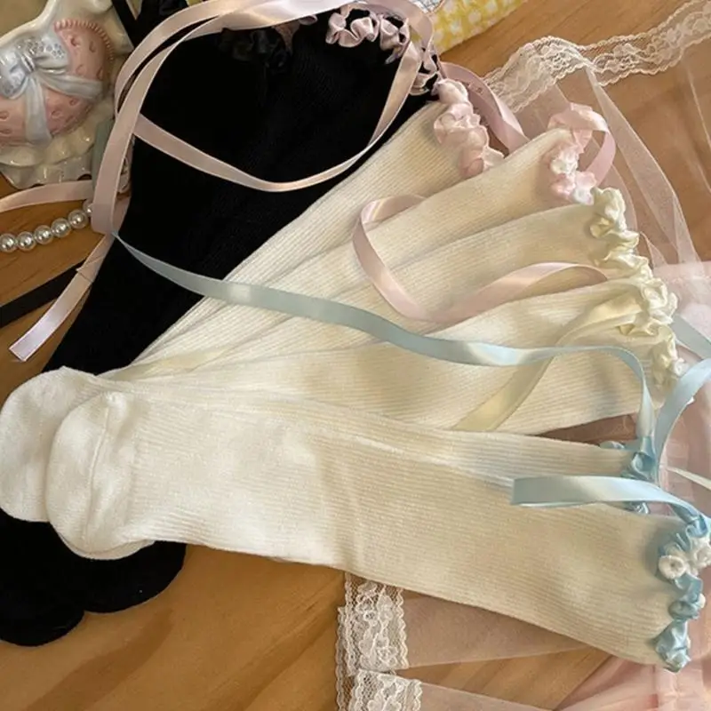 D5QA Calcetines holgados para niñas, calcetines con lazo y cinta, calcetines elásticos hasta rodilla