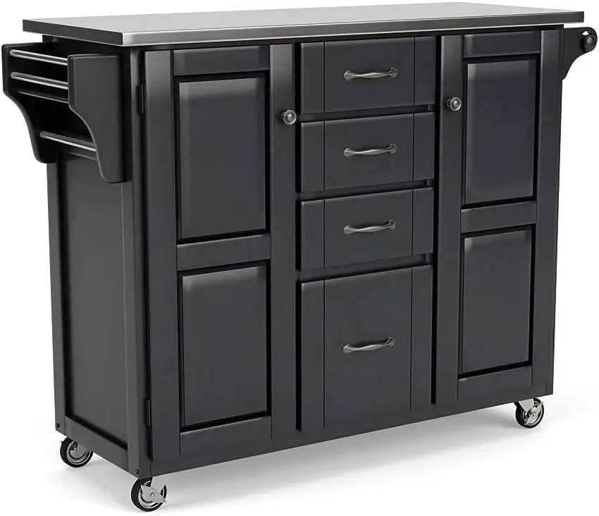 

Large Mobile Create-a-Cart Black Finish Two Door Cabinet Kitchen Cart with Stainless Steel Top, Adjustable Shelving,