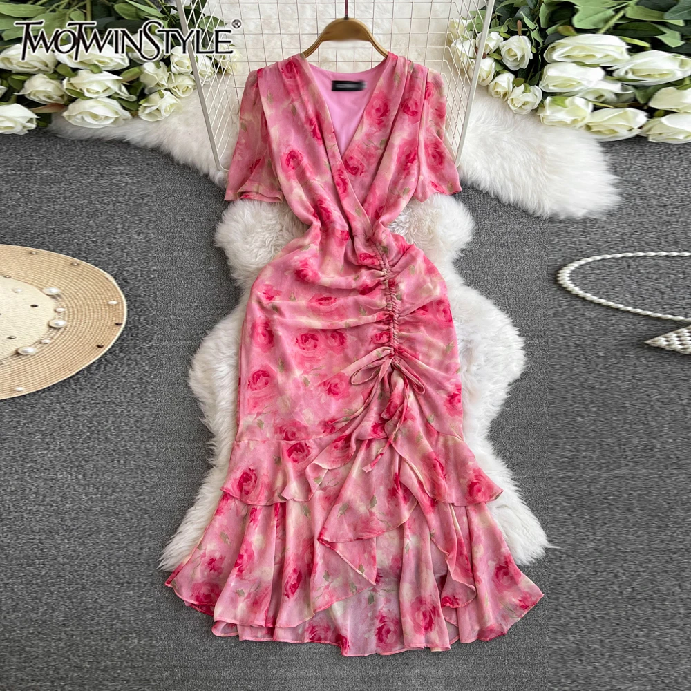 

TWOTWINSTYLE Vintage Solid Printing Dresses For Women V Neck Short Sleeve High Waist Sexy Folds Dress Female Fashion KDR541843