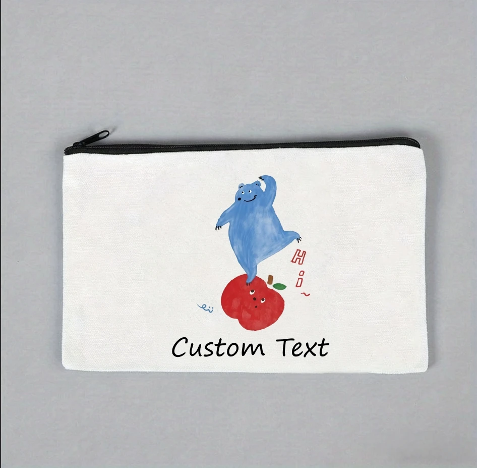 1PC Custom Text Cute Dancing Blue Bear On Red Apple Cosmetic Bag Personalized Canvas Zipper Storage Pouch