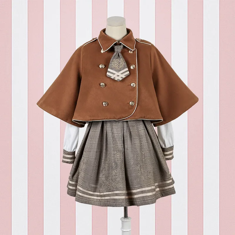 Novo vestido lolita detetive bear cospaly feminino estilo preppy pescoço gravata vestidos de manga longa e manto de lã dropshipping