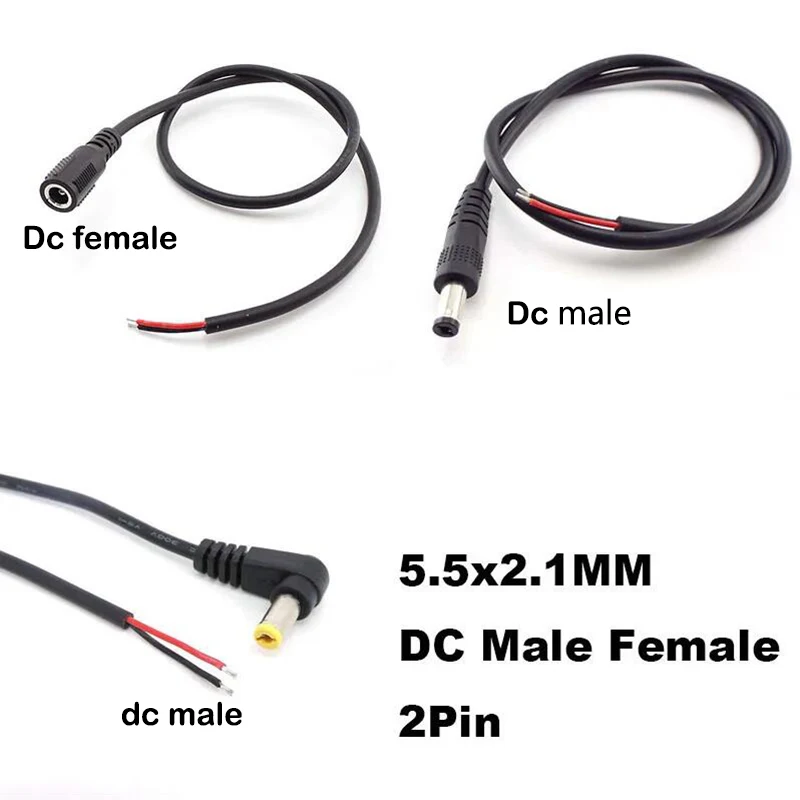 Conector de carga macho y hembra DERECHO DE 2 pines, fuente de alimentación de 90 grados, 22AWG, 5,5x2,1 MM, 22AWG, color negro