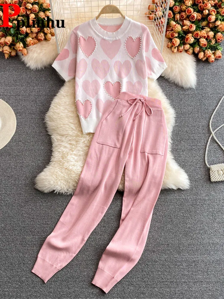 Korean Love Print Knit 2 Pieces Sets Women Beading Short Sleeve Knitwear Tee Tops Conjuntos High Waist Ankle Length Pants Suits