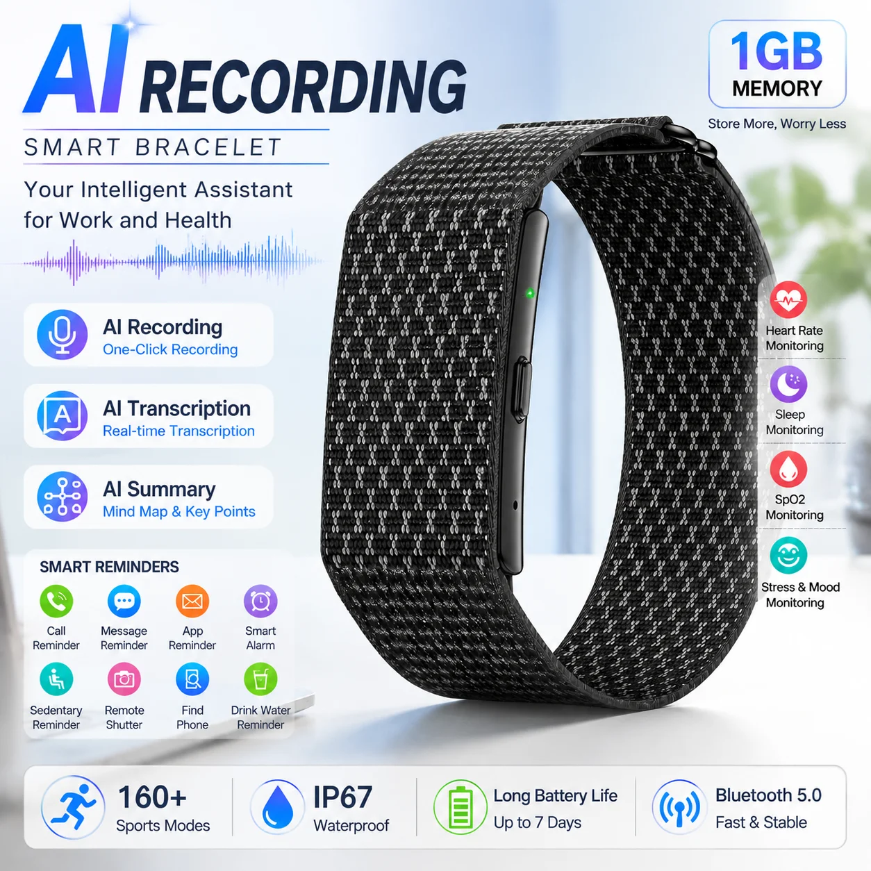 LIGE Neue Smartwatch mit Ein-Klick-KI-Aufnahme, Unterstützung für 79 Sprachen, Audio-Sprachrekorder, Gesundheitsmonitor, 160+ Sportmodi