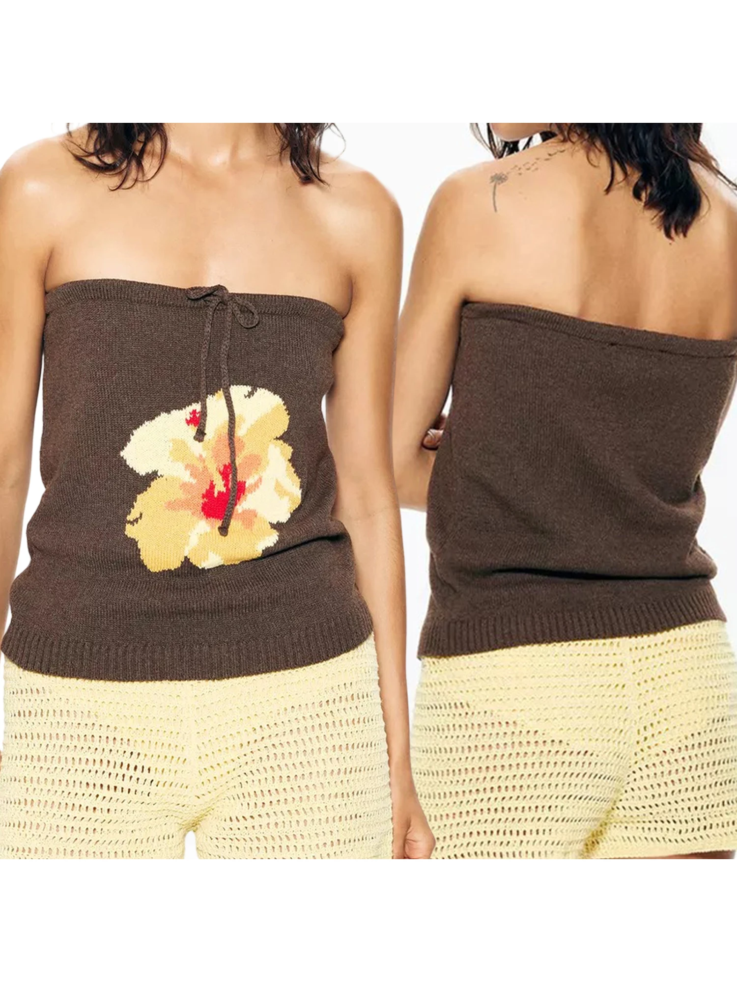 エレガントな花柄オフショルダーブラウス、ボウディテール付きのシックなニットバンドゥシャツ、夏のファッションに最適