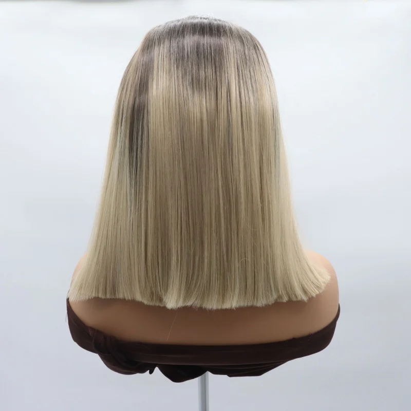 Hand-crocheted front lace 13*3 gradient color short straight hair matte high-temperature fiber collarbone-length synthetic full