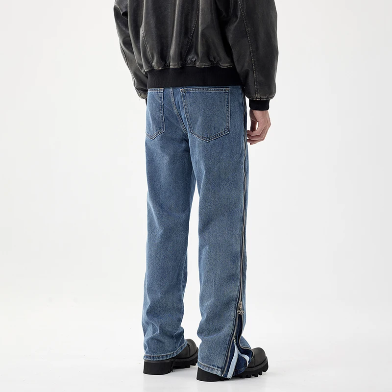 Jean Droit à Fermeture Éclair pour Homme, Pantalon Décontracté, Délavé, Bleu, Haut de Gamme, Coréen, Nouvelle Collection Automne 2024