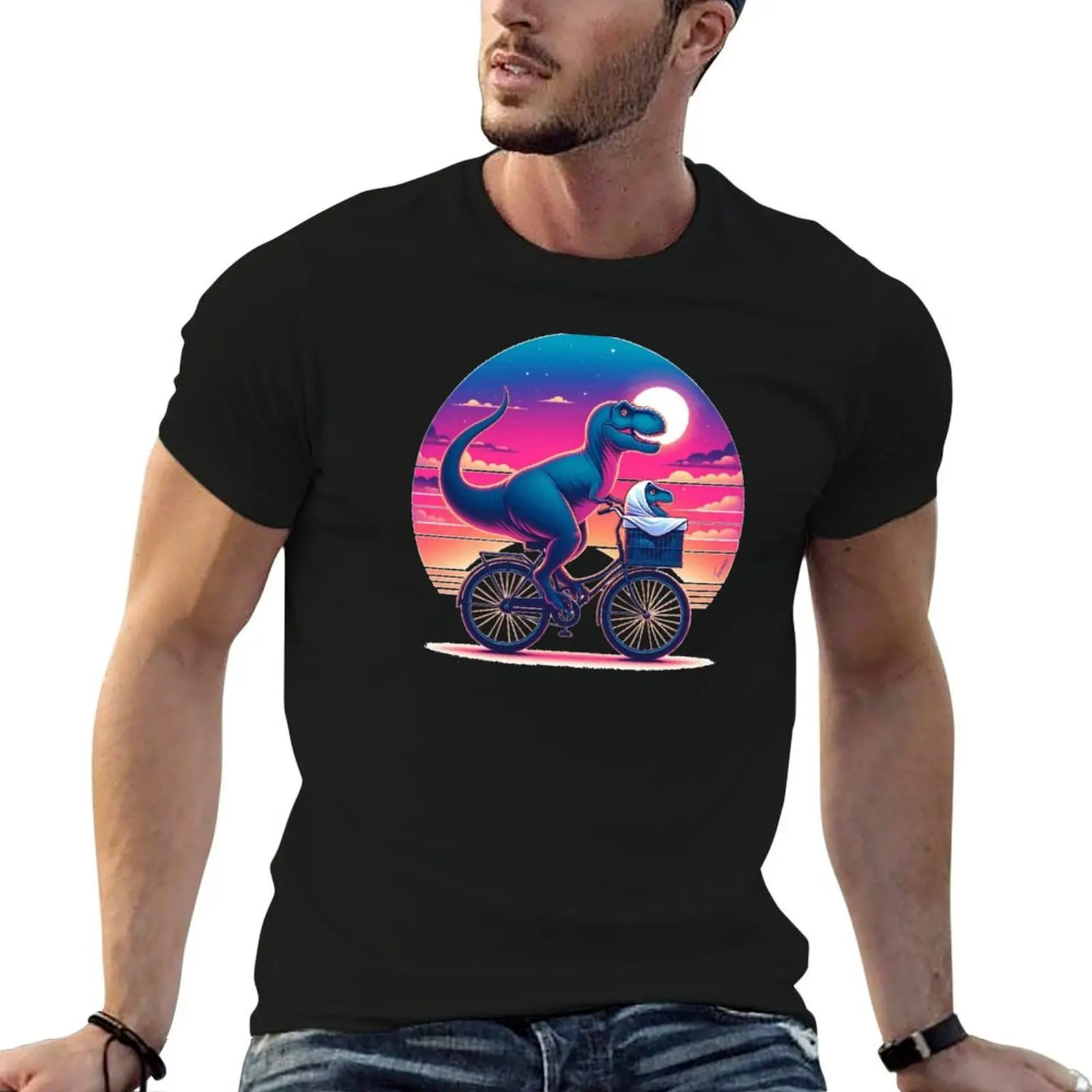 RETRO VINTAGE SUNSET SUNRISE TREX DINOSAUR ON BIKE, Dinosaur Riding A Bike With Baby T-Rex T-Shirt funny t shirts man T-Shirt