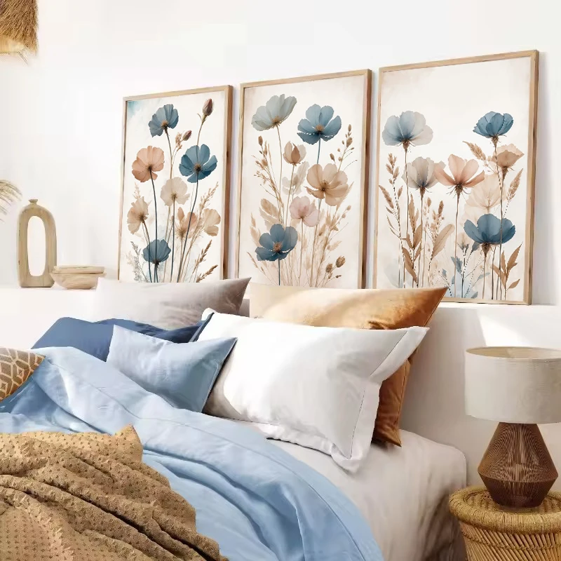 1pc frameless Vintage Blue Beige Wild Flowers Poster Canvas Painting Minimal Wall Art Print Picture Botanical Farmhouse Living R