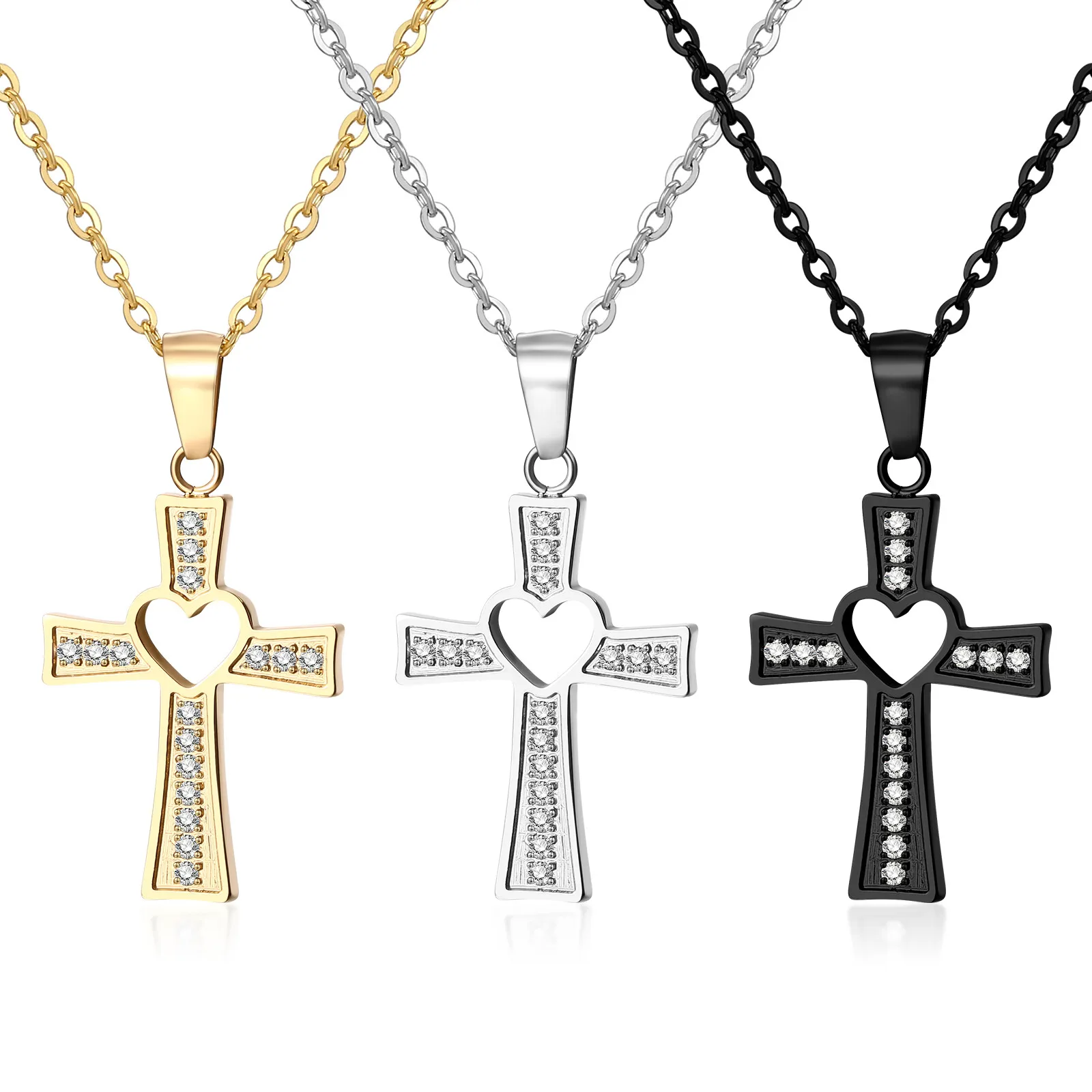Hollow Heart Cross Necklace for Women CZ Cubic Zirconia Latin Cross Pendant Christian Faith Jewelry 18+2 Inch Gift for Her Mom