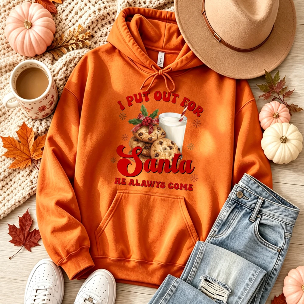 I Put Out for Santa Cookies Milk Holly Graphic Hoodie Unisex Drawstring Hooded Sweatshirt Funny Christmas Winter Casual Pullover