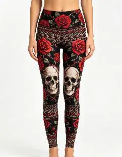 Women Mid‑Rise Fleece Lined Leggings, One‑Side Skeleton Skull Red Rose Thorn Gothic Print Slim Stretch Halloween Pants