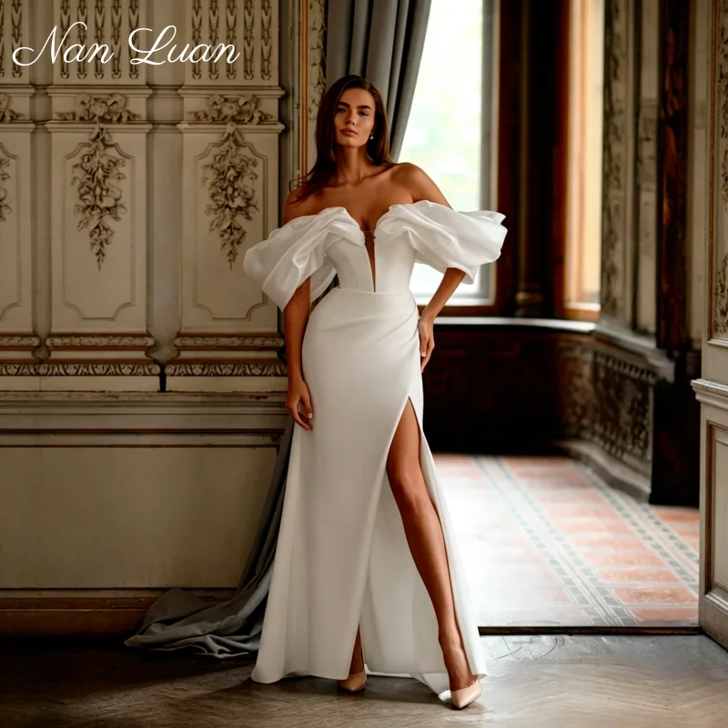26 Styles Ruched Waist Off Shoulder Satin Mermaid Wedding Dress High Split Chapel Train Vestidos de Novia Customized