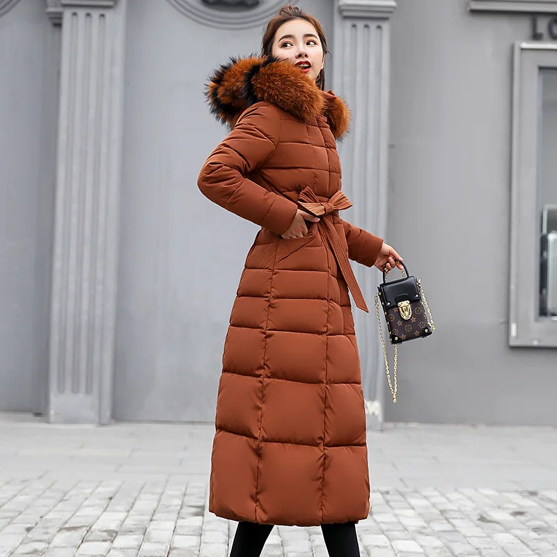 Luxury Winter Long Parkas Warm Fur Collar Hooded Cotton-padded Jacket Slim Belt Zipper Long Sleeve Windproof Coat Women Clothing