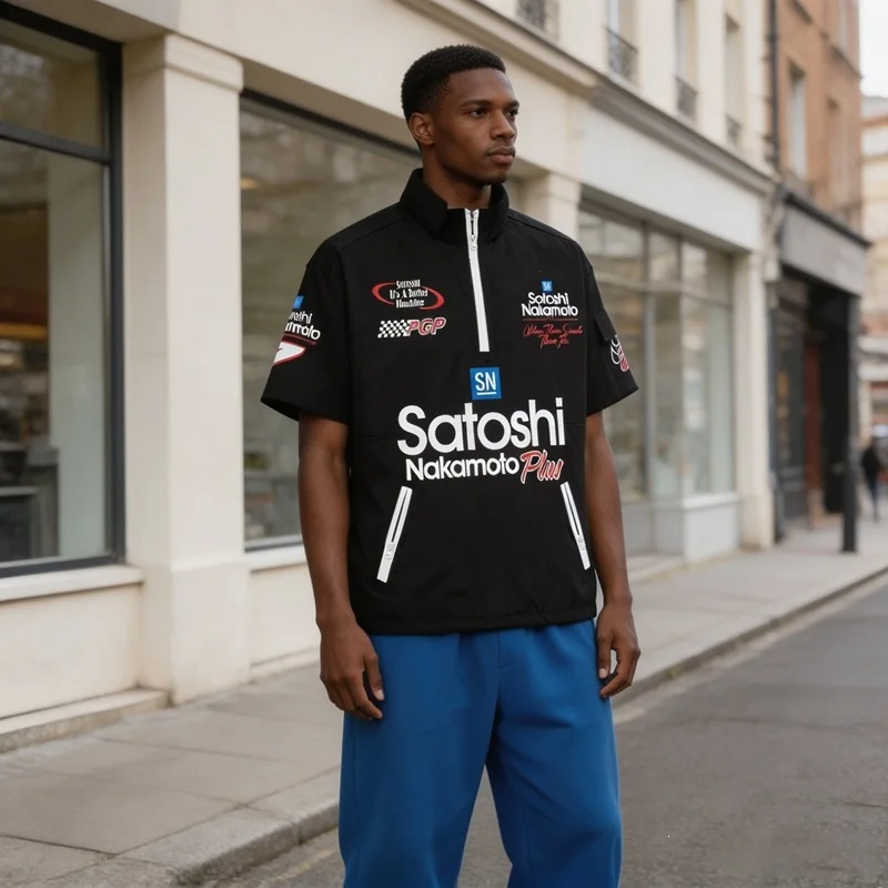 Satoshi Nakamoto High Street Fashion Streetwear Half-Zip Casual Breathable Patterned T-Shirt Short Sleeve Shirt