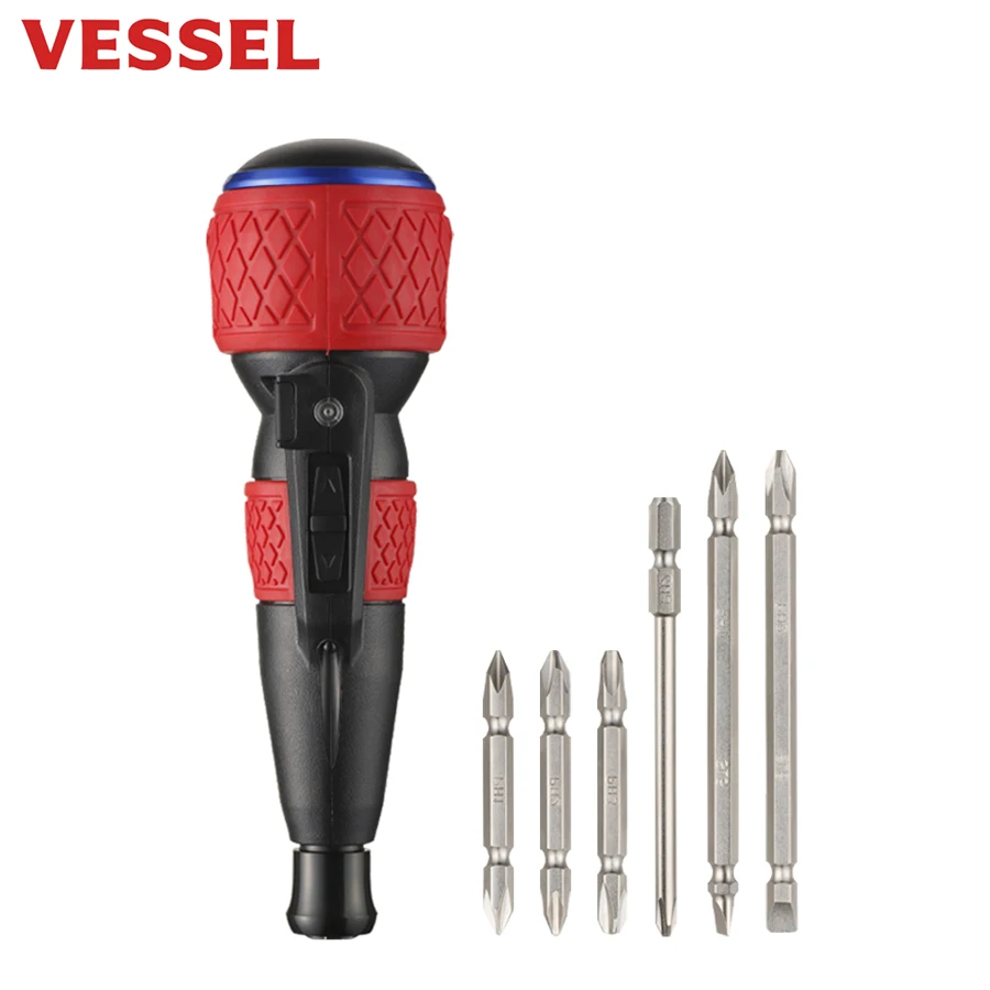 VESSEL Electric Rechargeable Screwdriver Set with 6pcs Bits Power Tools Multi-function Torque Cordless Impact Drill 220USB-6C