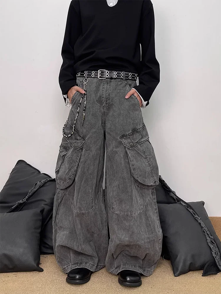 

Retro Faded Men's Denim Jeans with Big Pockets Straight Leg Casual Trousers for Hip Hop Street Style All Match Loose Fit