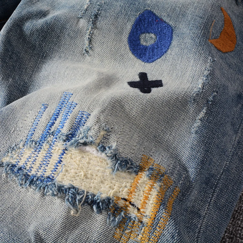 Fashion Summer Designer Men Jeans Retro Light Blue Elastic Embroidery Vintage Ripped Short Jeans Homme Hip Hop Denim Shorts Men
