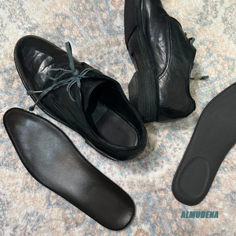 Men's Black Lace-Up Dress Shoes Round Toe Vintage Wrinkled Texture Non-Slip Casual Business Office Formal Low Top Derby Shoes