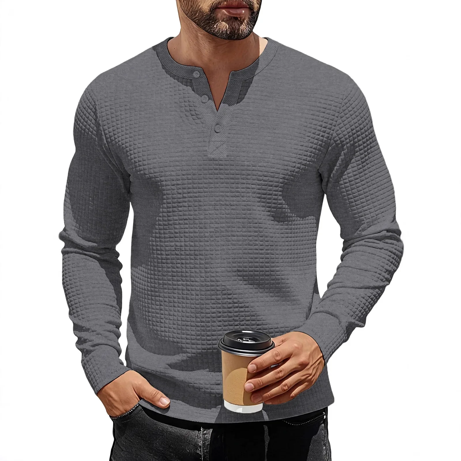 American autumn and winter jacquard small checkered men's long-sleeved sweater heavy slim-fitting Henry retro bottoming shirt