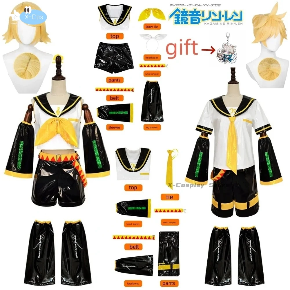 Fantasia de Cosplay de Kagamine Len e Rin, Uniforme com Mangas e Leggings, Headwear para Comic Con, Roupas