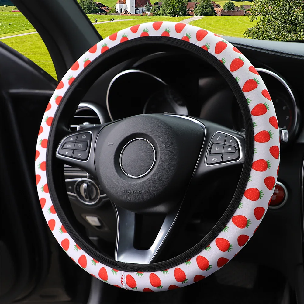 Car Steering Wheel Cover Strawberry Flower Diving Material For Women Girls Elastic Universal Auto Accessories Interior