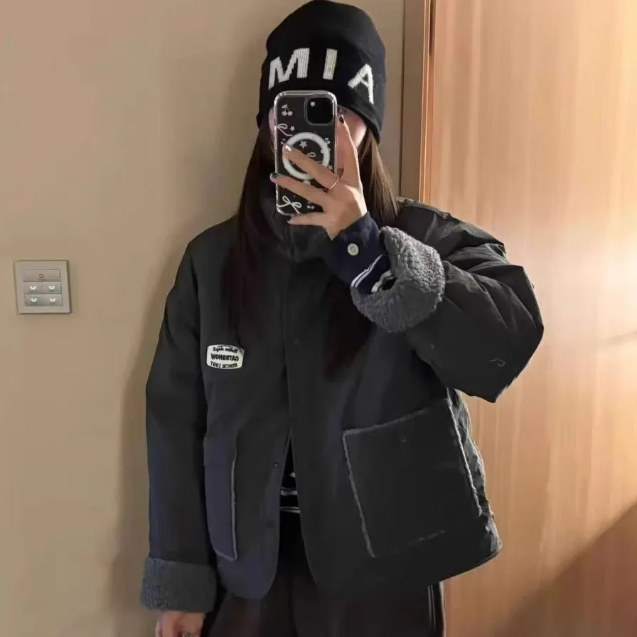 AP Studio Ropa de doble cara Piel de cordero orto Jaet ligero y cálido Abrigo informal holgado para mujer Reduce la edad larga Sve Butto...