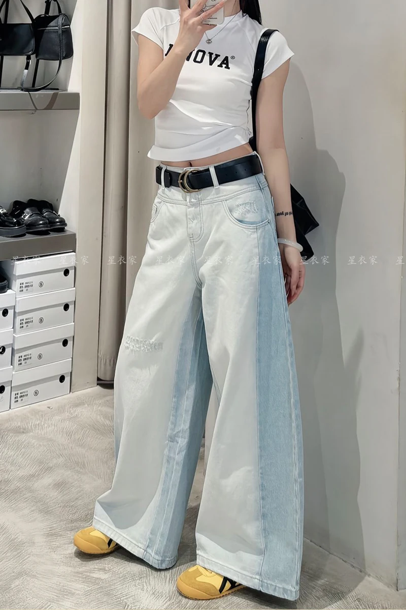 

Blue Jeans for Women High Waist American Wide Leg Pants Y2K Vintage Straight Baggy Denim Trousers 2024 Spring Oversize Pants