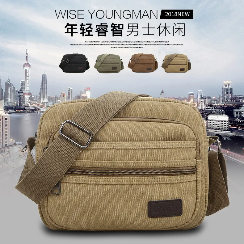 Multifunctional Men's Shoulder Bag Zipper Solid Color Casual Messenger Canvas Fashion Zipper Retro Travel Men's Shoulder Bag