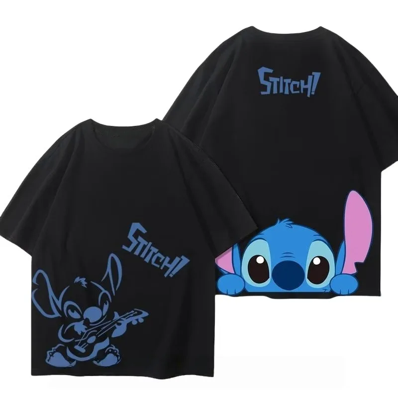 

Latest Disney Stitch Printed Men's Cotton T-shirt Double Sided Printed Casual Loose Half Sleeve Top Couple White&Black Clothes