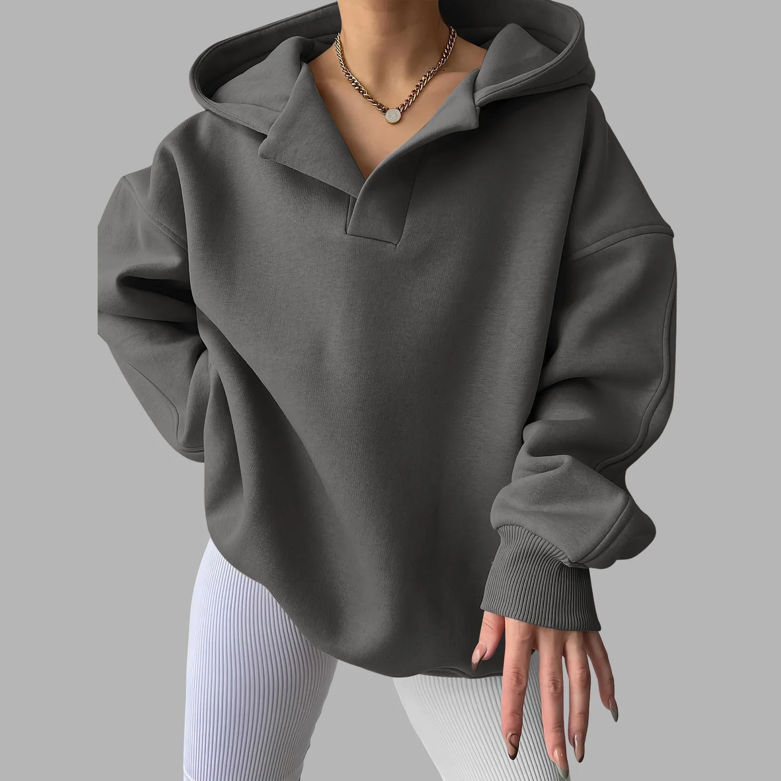 Women\'S V Neck Oversized Hoodie With Pocket Classic Fleece Lined Sweatshirt Women Plain Sweatshirt