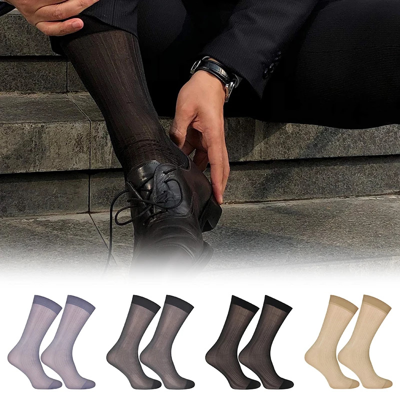 5pairs/lot New Solid Business Mens Summer Socks Thin Silk High Elastic Nylon Breathable Casual Short Cool Socks Work Trouser